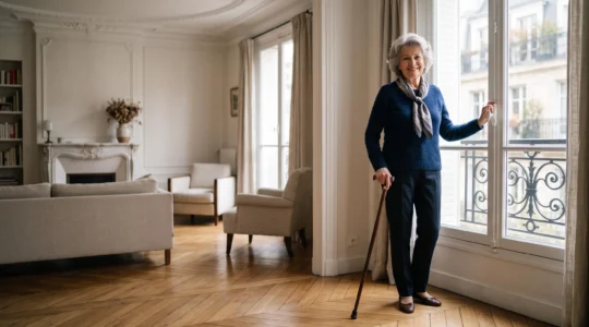 Femme senior française souriante et sereine dans son salon lumineux, symbolisant l'autonomie retrouvée après 70 ans