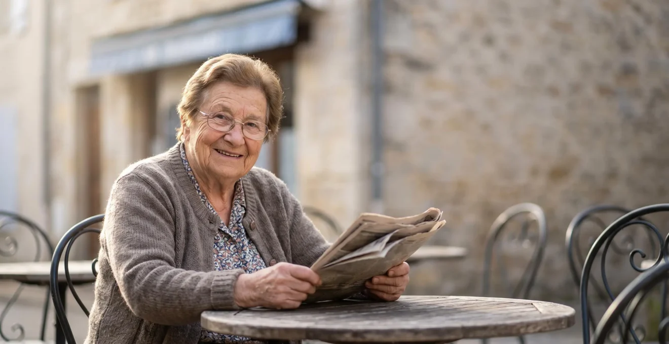Senior français lisant un journal en terrasse d'un café, sourire serein sous la lumière du matin