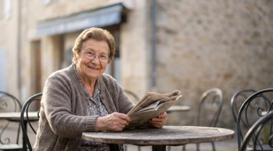 Senior français lisant un journal en terrasse d'un café, sourire serein sous la lumière du matin