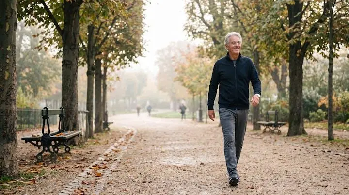 Personne senior active marchant en plein air dans un parc français, illustrant le maintien de la forme après 60 ans en toute sécurité