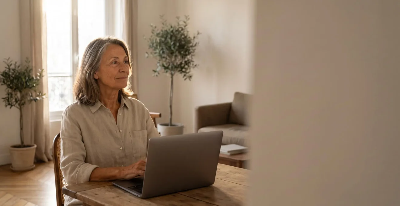 Personne senior française assise dans un salon lumineux, consultant sereinement un ordinateur portable, symbolisant une navigation internet fiable et sécurisée après 65 ans