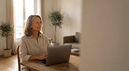 Personne senior française assise dans un salon lumineux, consultant sereinement un ordinateur portable, symbolisant une navigation internet fiable et sécurisée après 65 ans