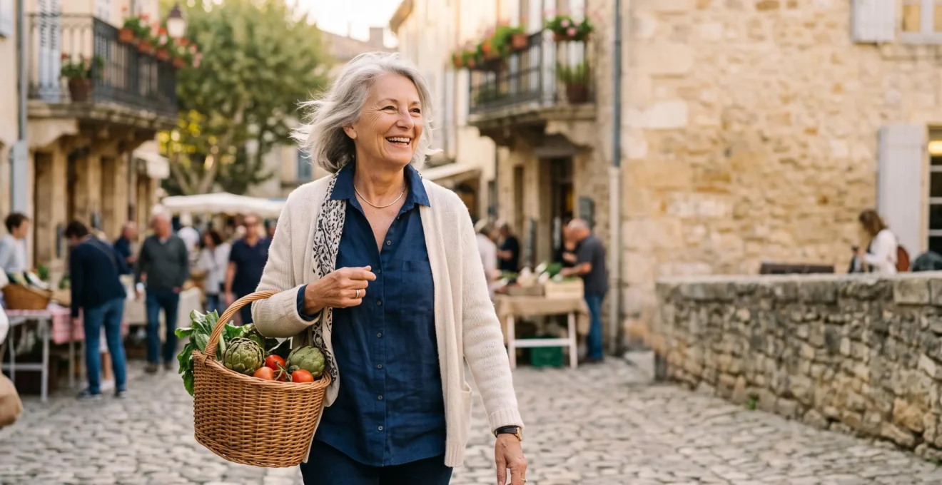 Portrait chaleureux d'une personne âgée française souriante lors d'une promenade en plein air, symbole d'un vieillissement heureux et optimiste