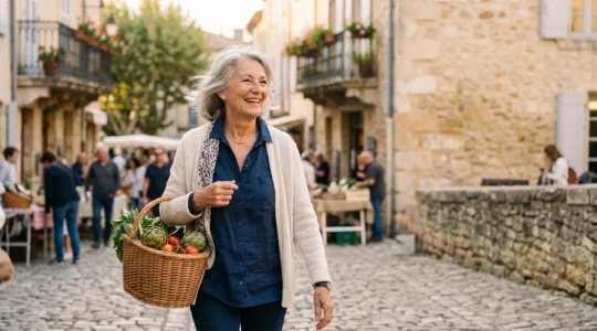 Portrait chaleureux d'une personne âgée française souriante lors d'une promenade en plein air, symbole d'un vieillissement heureux et optimiste