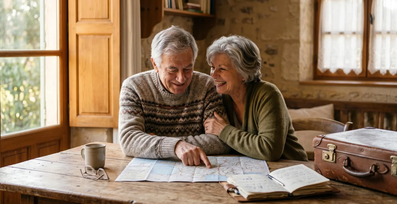 Couple de seniors français consultant une carte du monde et un carnet de voyage dans une lumière chaleureuse, symbole de sérénité et de préparation