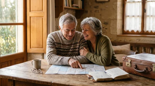 Couple de seniors français consultant une carte du monde et un carnet de voyage dans une lumière chaleureuse, symbole de sérénité et de préparation