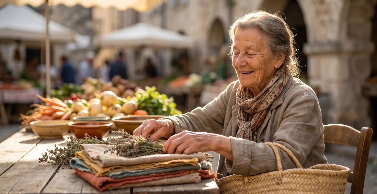 Senior francais souriant assis sur un marche de Provence, entoure de couleurs, de textures et de lumiere naturelle, symbolisant la reconnexion sensorielle apres 70 ans