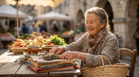 Senior francais souriant assis sur un marche de Provence, entoure de couleurs, de textures et de lumiere naturelle, symbolisant la reconnexion sensorielle apres 70 ans