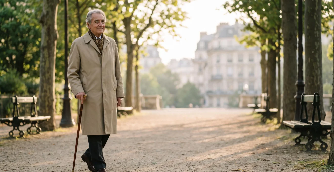 Personne âgée française marchant avec assurance à l'aide d'une canne dans un parc urbain, symbole de la compensation des capacités physiques après 70 ans