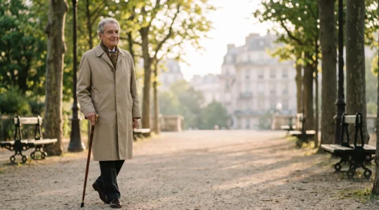 Personne âgée française marchant avec assurance à l'aide d'une canne dans un parc urbain, symbole de la compensation des capacités physiques après 70 ans