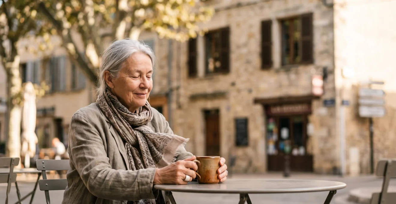 Personne senior souriante savourant un moment de détente en terrasse dans un village français, symbole d'une retraite épanouie sans culpabilité