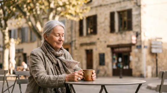 Personne senior souriante savourant un moment de détente en terrasse dans un village français, symbole d'une retraite épanouie sans culpabilité