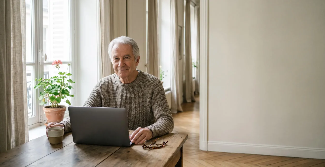 Une personne senior souriante et confiante utilise un ordinateur portable dans un salon lumineux typiquement français, symbolisant une navigation internet sereine et sécurisée.