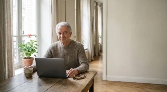 Une personne senior souriante et confiante utilise un ordinateur portable dans un salon lumineux typiquement français, symbolisant une navigation internet sereine et sécurisée.