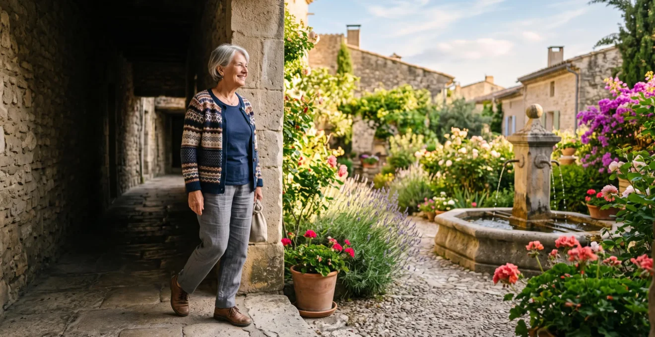 Retraité français quittant un chemin répétitif pour s'engager vers un jardin lumineux et vivant, symbole du renouveau après la retraite