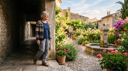 Retraité français quittant un chemin répétitif pour s'engager vers un jardin lumineux et vivant, symbole du renouveau après la retraite