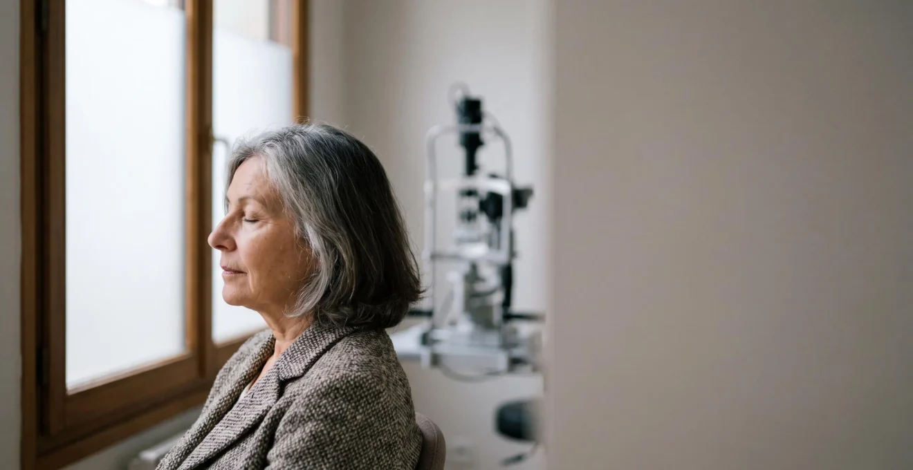 Portrait éditorial d'une personne senior française lors d'un examen de la vue, symbolisant la vigilance visuelle après 60 ans
