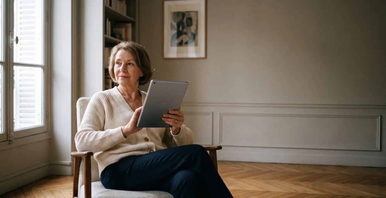 Personne senior francaise souriante utilisant une tablette numerique dans un salon lumineux, symbole d'autonomie numerique apres 70 ans