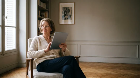 Personne senior francaise souriante utilisant une tablette numerique dans un salon lumineux, symbole d'autonomie numerique apres 70 ans