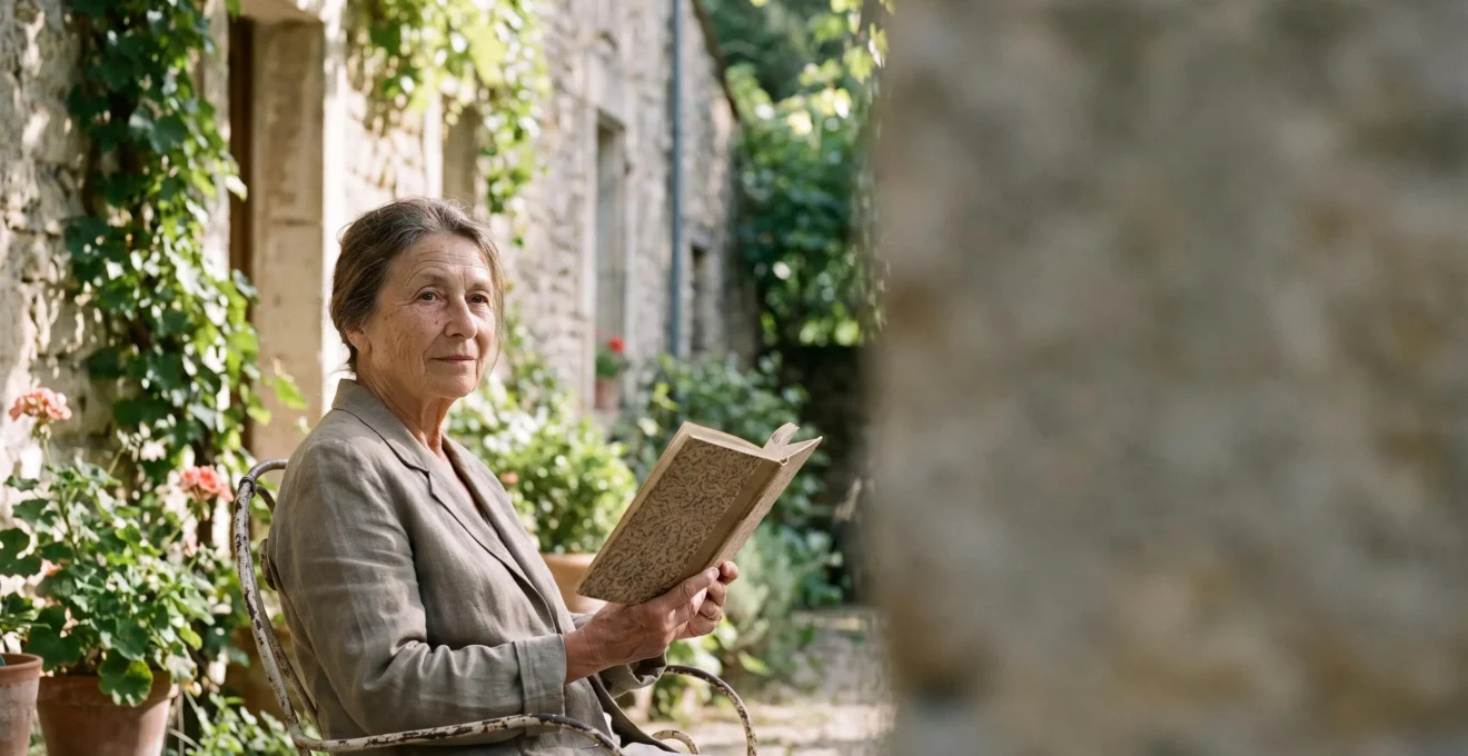 Une personne senior souriante lisant un livre dans un jardin lumineux à la française, symbole de la stimulation intellectuelle après 65 ans