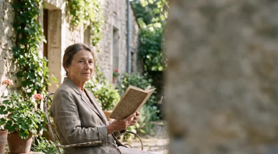 Une personne senior souriante lisant un livre dans un jardin lumineux à la française, symbole de la stimulation intellectuelle après 65 ans