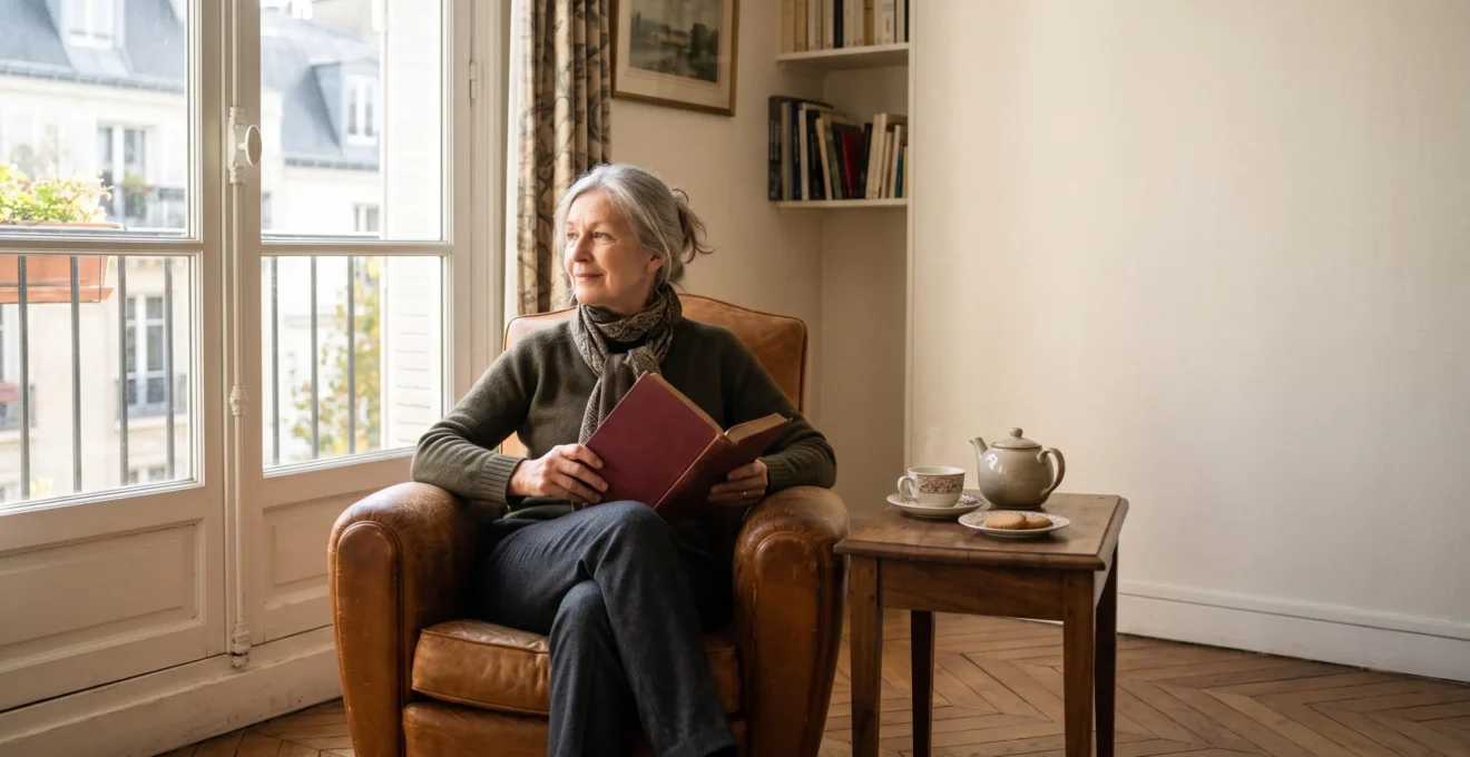 Personne senior lisant tranquillement pres d'une fenetre lumineuse dans un interieur francais chaleureux