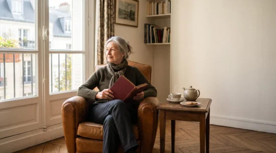 Personne senior lisant tranquillement pres d'une fenetre lumineuse dans un interieur francais chaleureux
