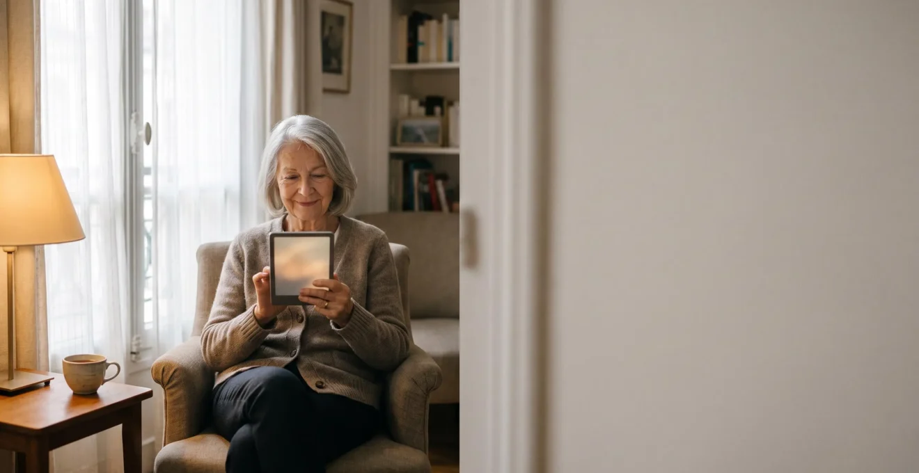 Personne âgée lisant confortablement sur une liseuse numérique dans un salon lumineux et cosy, illustrant l'adaptation de la lecture à la vue qui baisse