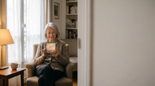 Personne âgée lisant confortablement sur une liseuse numérique dans un salon lumineux et cosy, illustrant l'adaptation de la lecture à la vue qui baisse