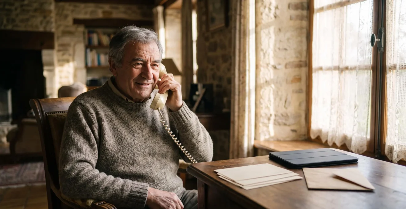 Personne senior de plus de 70 ans dans un intérieur lumineux français, entourée de différents objets symbolisant les moyens de rester en lien avec ses proches