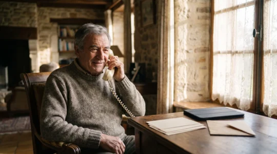 Personne senior de plus de 70 ans dans un intérieur lumineux français, entourée de différents objets symbolisant les moyens de rester en lien avec ses proches