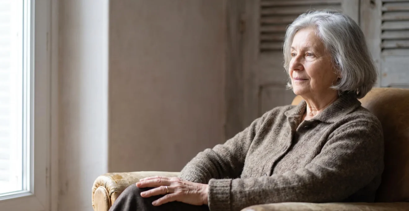 Portrait serein d'un senior français en pleine réflexion sur ses priorités de santé, assis près d'une fenêtre lumineuse