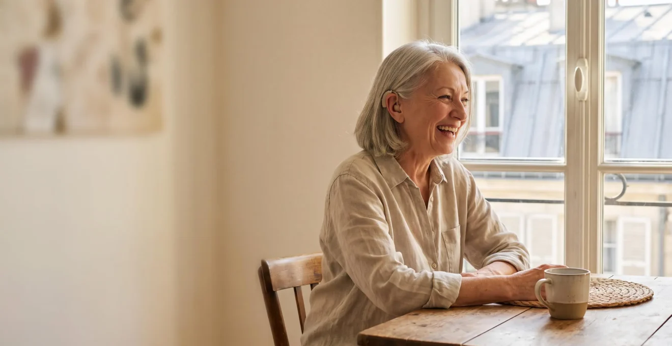 Portrait chaleureux d'une personne senior française souriante lors d'un moment de vie sociale, symbolisant le retour à l'audition grâce au 100% Santé