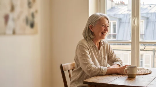 Portrait chaleureux d'une personne senior française souriante lors d'un moment de vie sociale, symbolisant le retour à l'audition grâce au 100% Santé