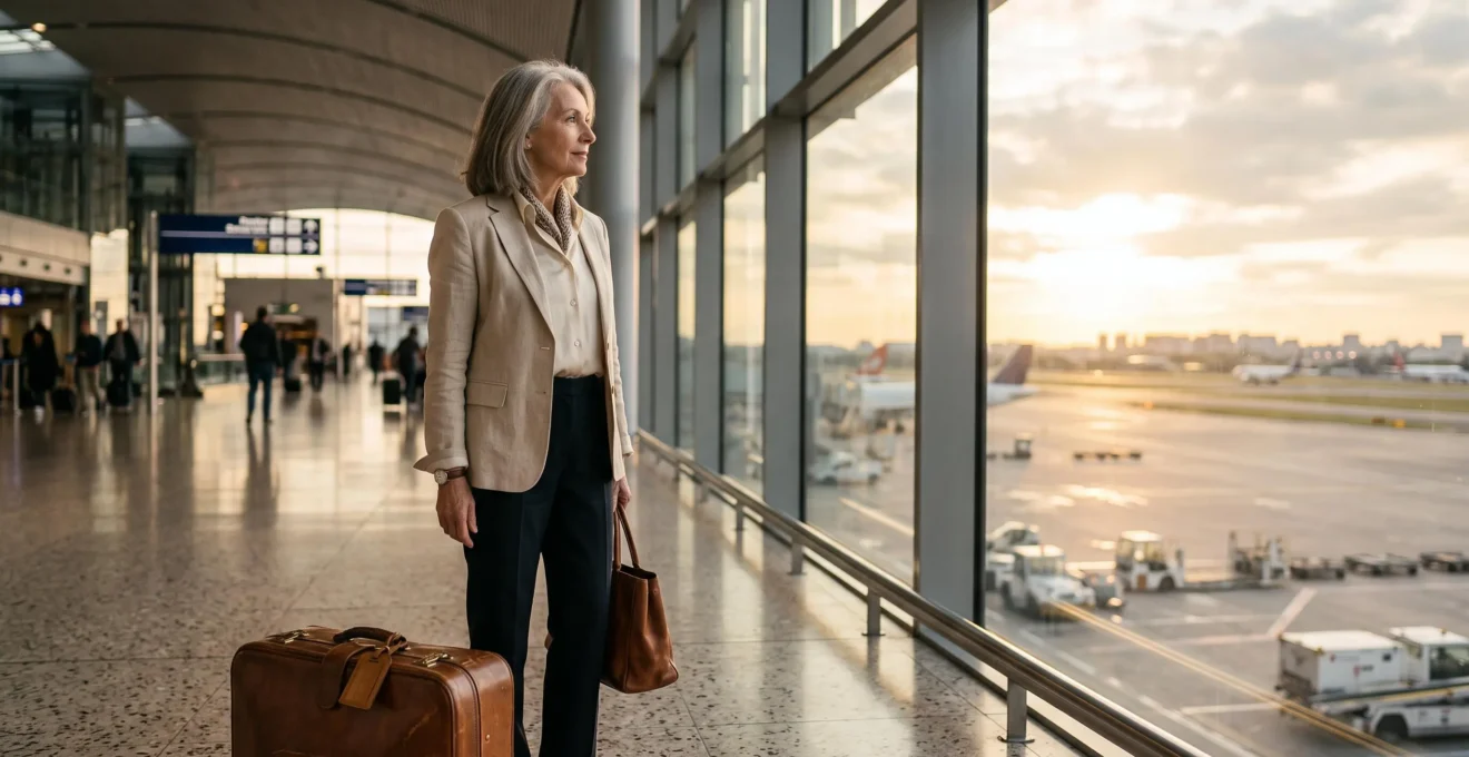 Voyageur senior élégant contemplant un tableau des départs dans un aéroport, symbole du rêve de destinations lointaines après 70 ans