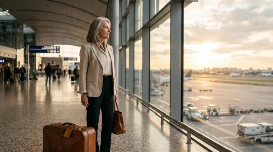 Voyageur senior élégant contemplant un tableau des départs dans un aéroport, symbole du rêve de destinations lointaines après 70 ans