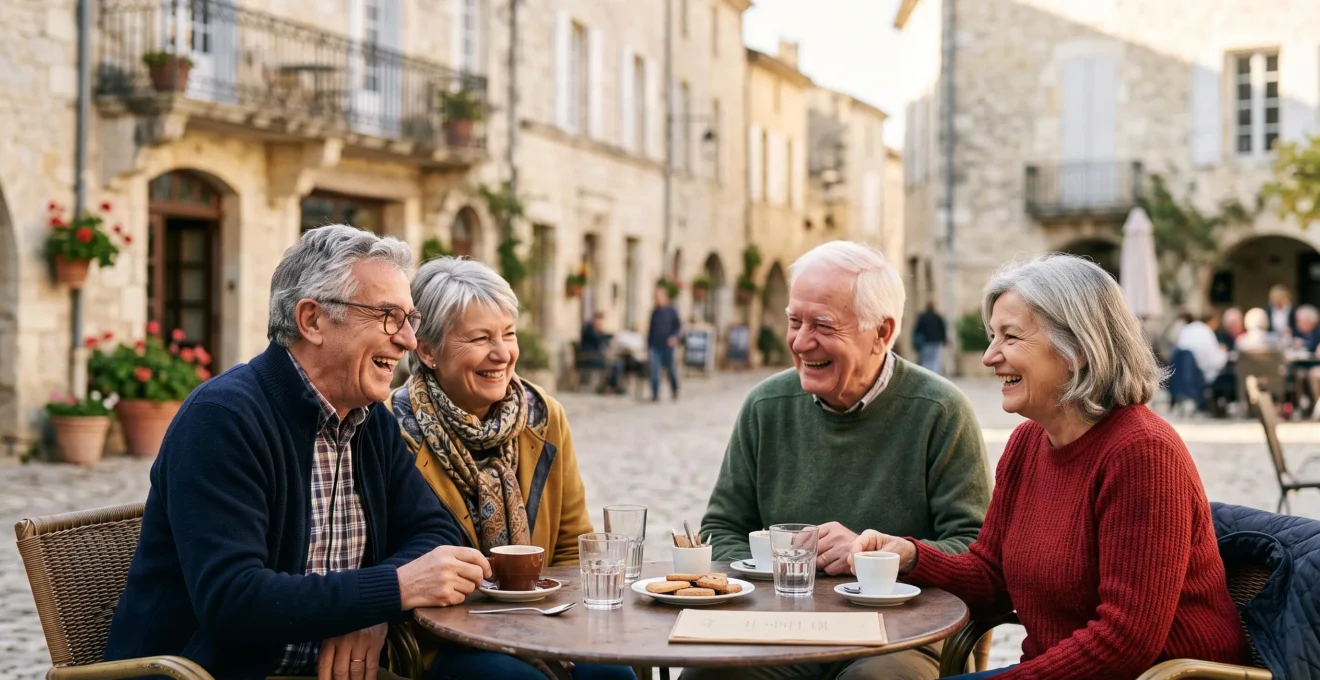 Groupe de retraités souriants partageant un moment convivial en terrasse dans une ville française