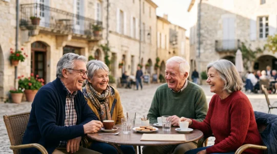 Groupe de retraités souriants partageant un moment convivial en terrasse dans une ville française