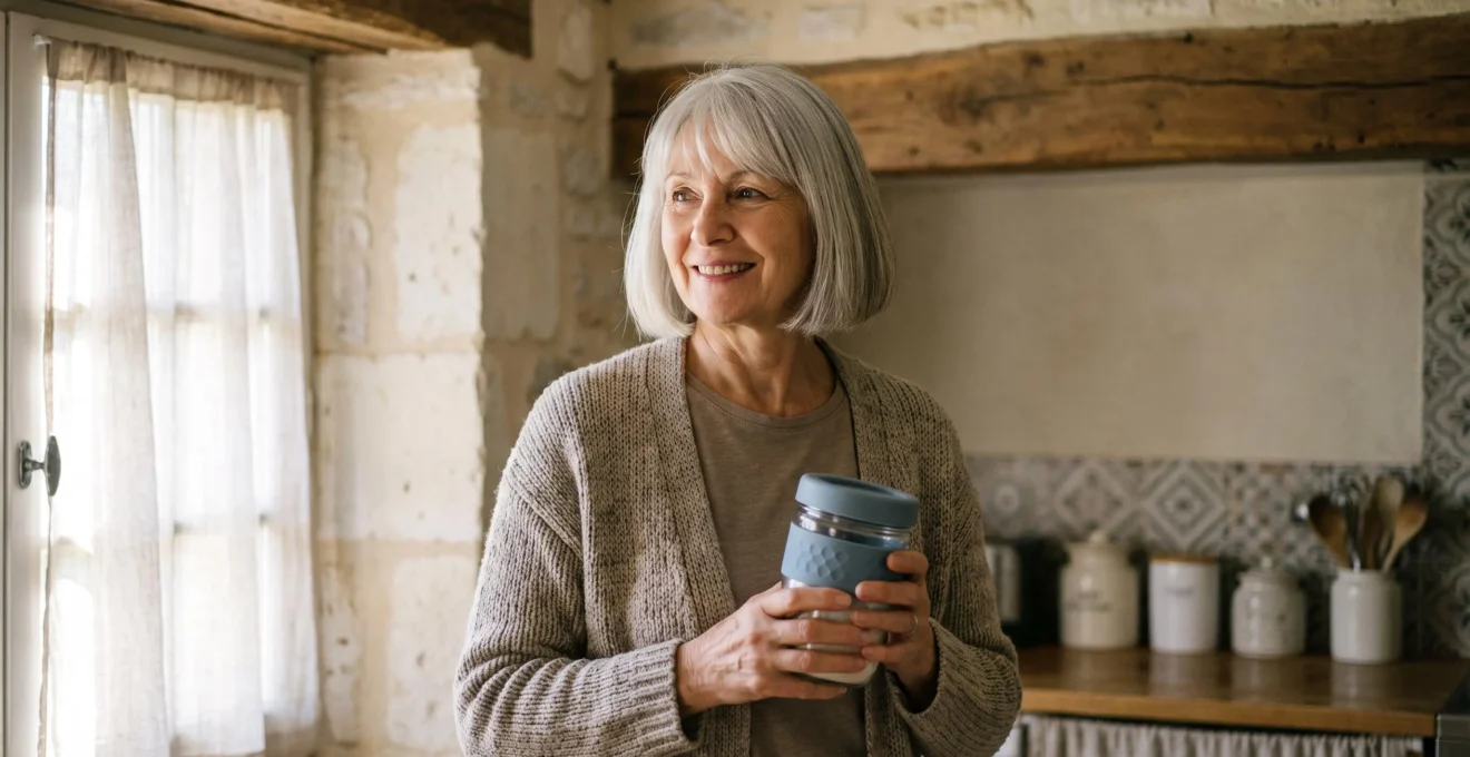 Une personne senior souriante ajuste avec aisance un objet du quotidien adapte dans une cuisine lumineuse et epuree, symbole d'autonomie retrouvee
