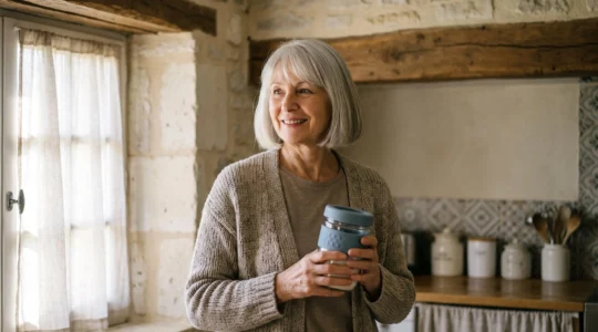 Une personne senior souriante ajuste avec aisance un objet du quotidien adapte dans une cuisine lumineuse et epuree, symbole d'autonomie retrouvee