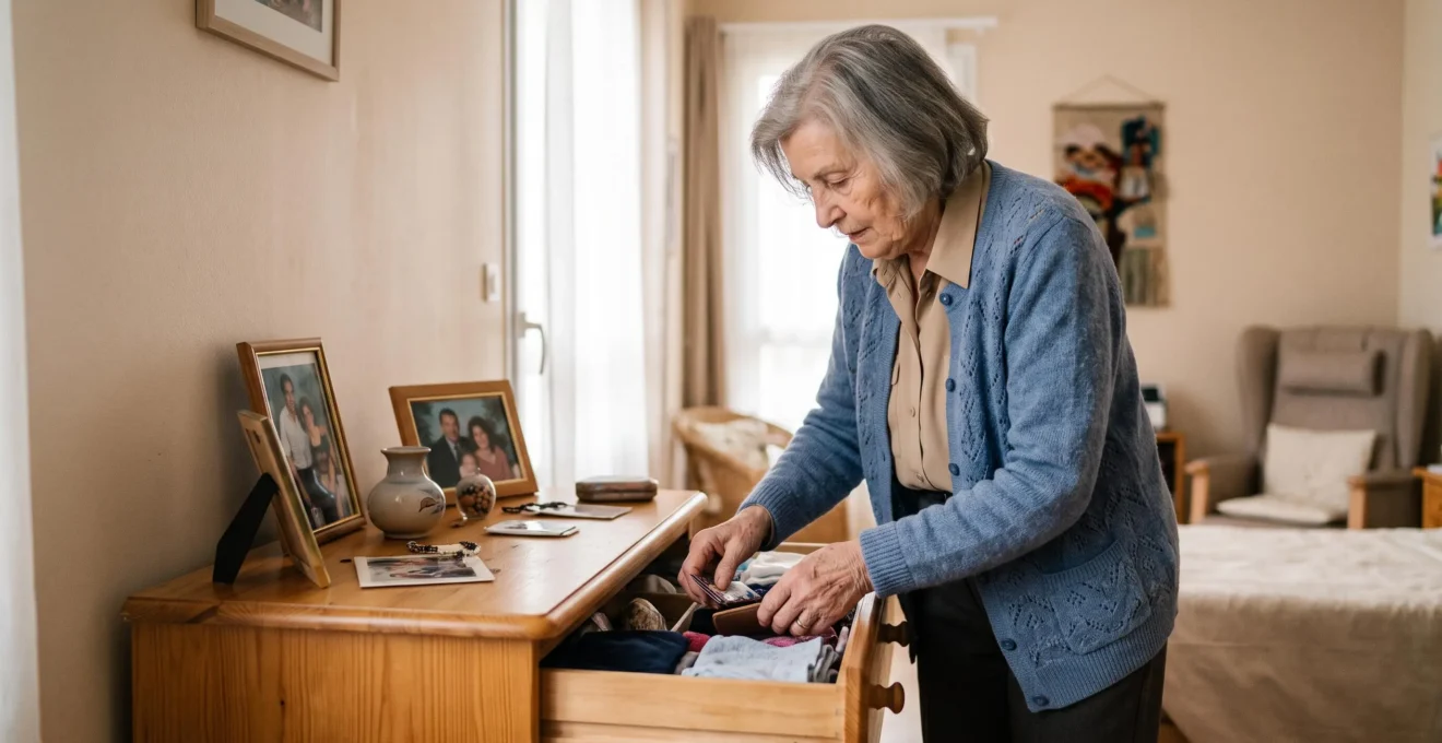 Femme âgée debout organisant ses affaires personnelles sur sa commode dans sa chambre d'EHPAD