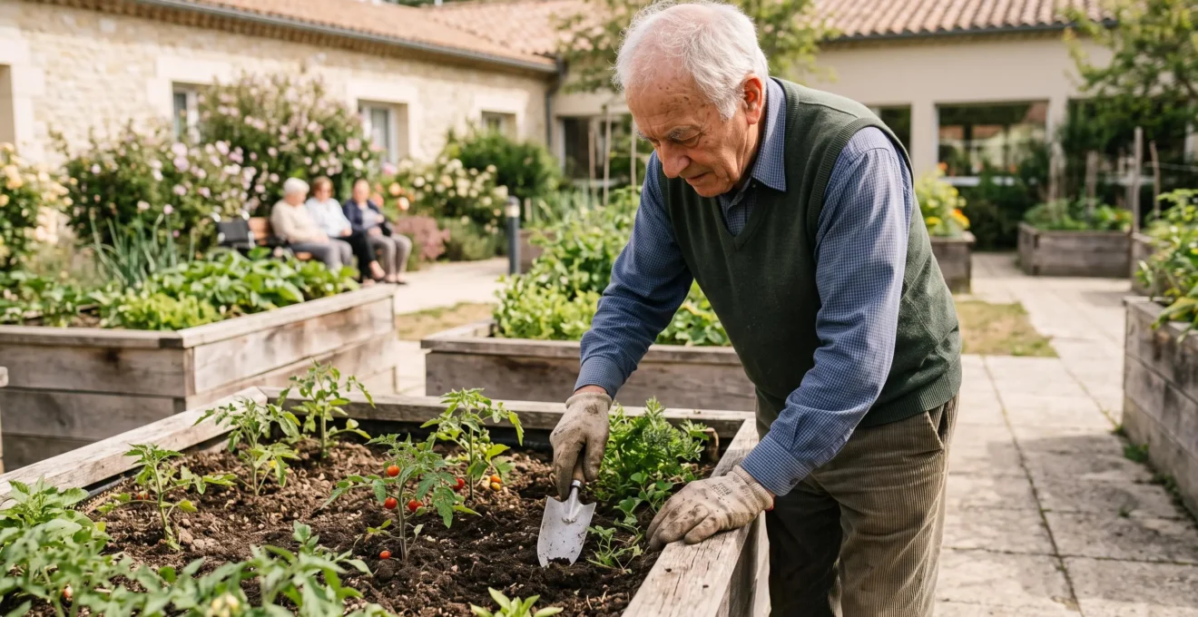 Homme âgé jardinant debout dans un bac de culture surélevé du jardin thérapeutique d'une maison de retraite