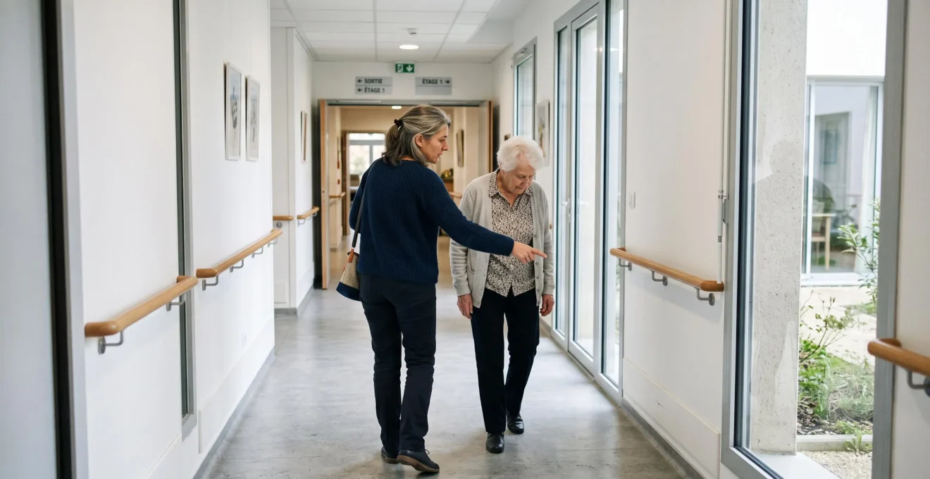 Fille adulte et parent âgé visitant ensemble le couloir d'un EHPAD en examinant les équipements d'accessibilité